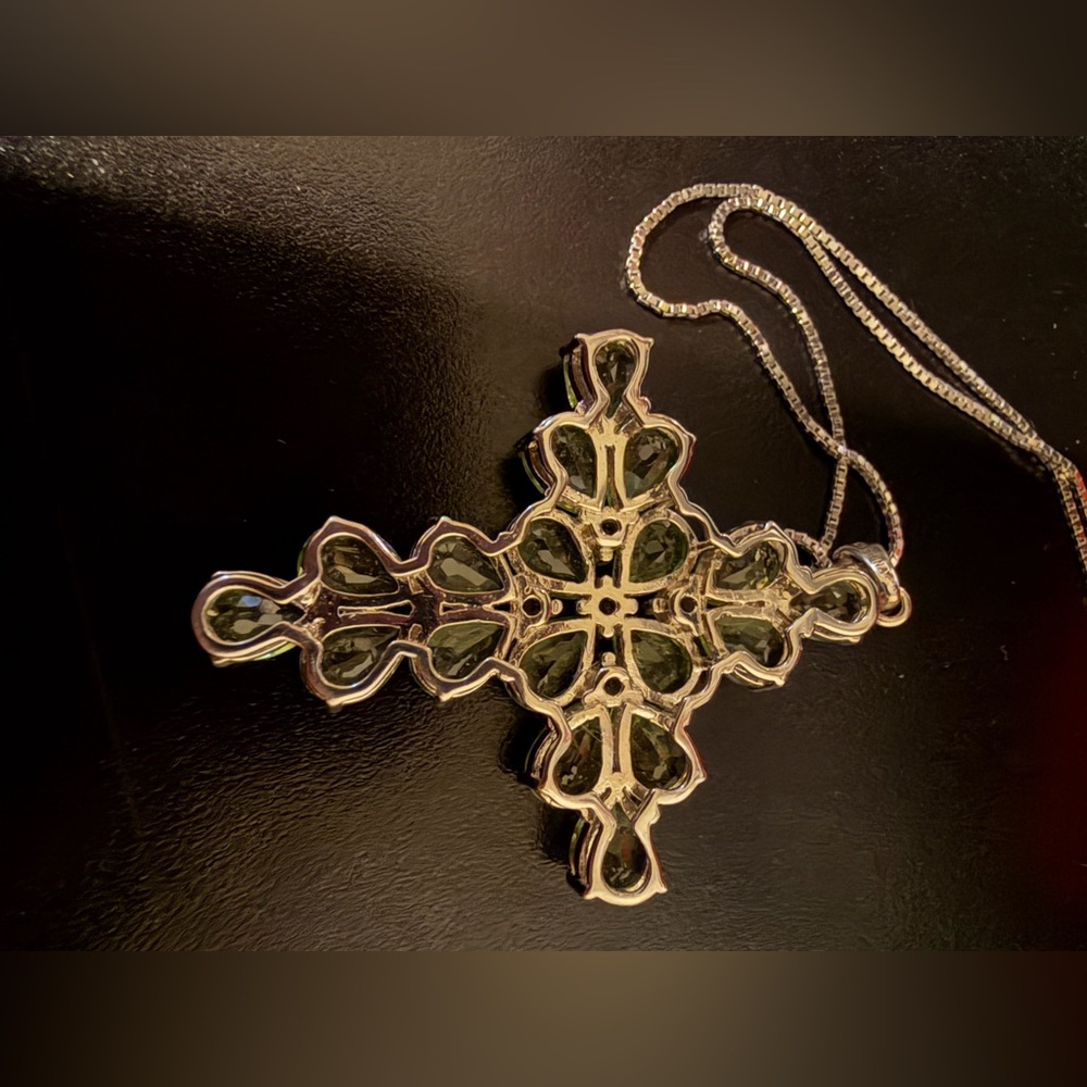 Sterling Silver 925 Peridot and White Topaz Gemstone Cross Pendant Necklace - Picture 5 of 9